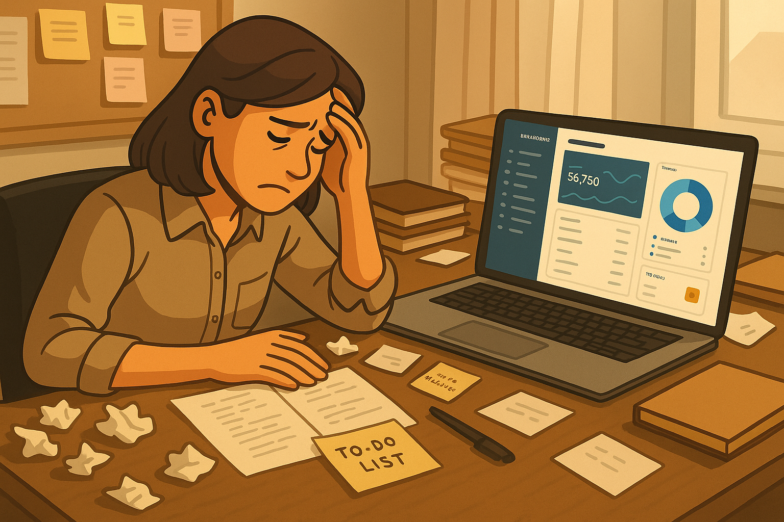 Stressed business owner buried in tasks