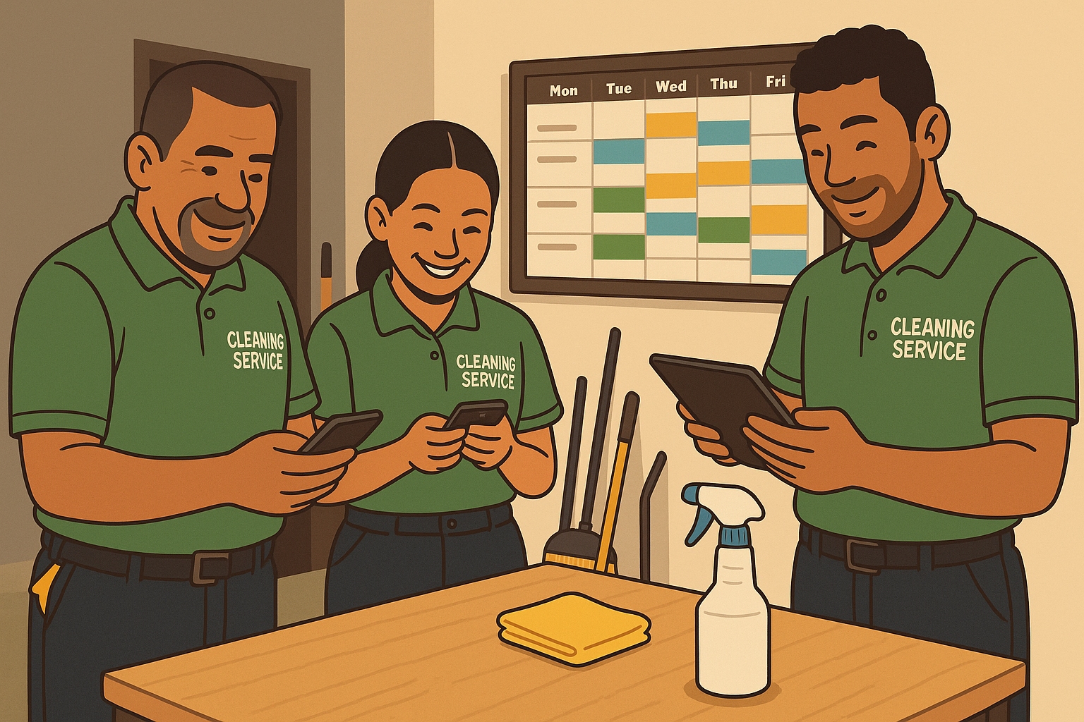 Cleaning team checking automated schedule